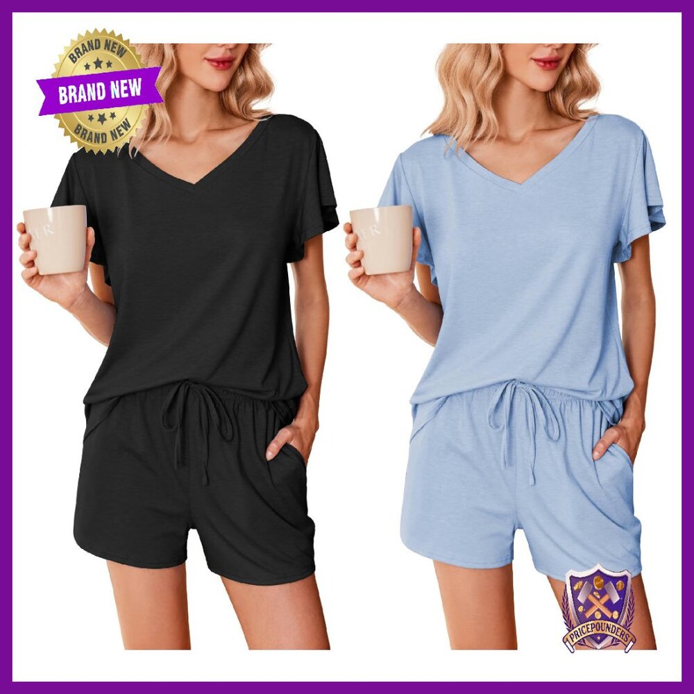 Soft Ruffle Sleeve Pajama Set With Pockets, V-Neck Lounge Wear